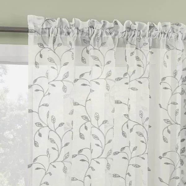 Ambinder Embroidered Leaf White Polyester 50 in. W x 84 in. L Rod Pocket Sheer Curtain (Single Panel)