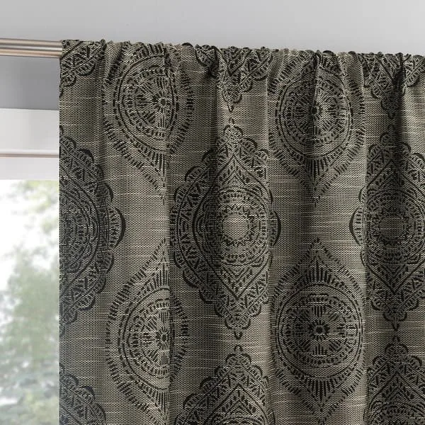 Sintra Medallion Black Polyester 40 in. W x 84 in. L Rod Pocket 100% Blackout Curtain (Single Panel)