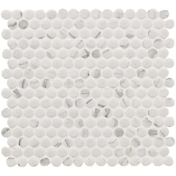Penny Round Carrara White 11.3 in. x 12.2 in. Matte Porcelain Mesh-Mounted Mosaic Tile (0.96 sq. ft./Each)