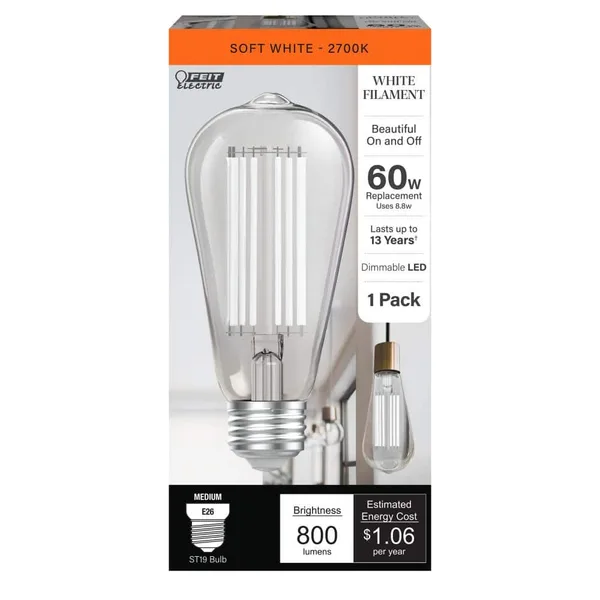 60-Watt Equivalent ST19 Dimmable White Filament Clear Glass E26 Vintage Edison LED Light Bulb, Soft White 2700K