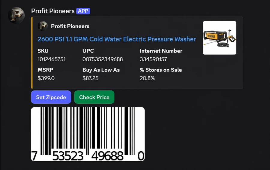 Profit Pioneers DeWalt pressure-washer alert with SKU, reported price, and price-check controls.