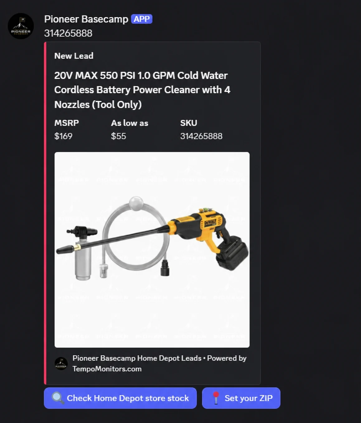 Pioneer Basecamp DeWalt power-cleaner lead showing MSRP $169 and reported price $55.