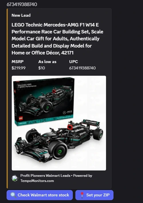 Profit Pioneers Walmart LEGO Mercedes-AMG F1 W14 E lead showing a reported price of $10.