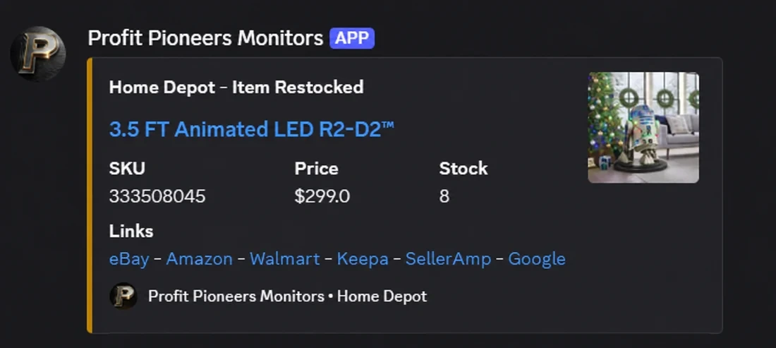 Profit Pioneers R2-D2 restock alert with product identifier, reported price, stock count, and research links.