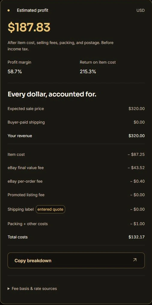 eBay calculator for the pressure-washer example: $87.25 item cost, $320 sale price, and $187.83 estimated profit after fees and $1 packing with $0 postage.